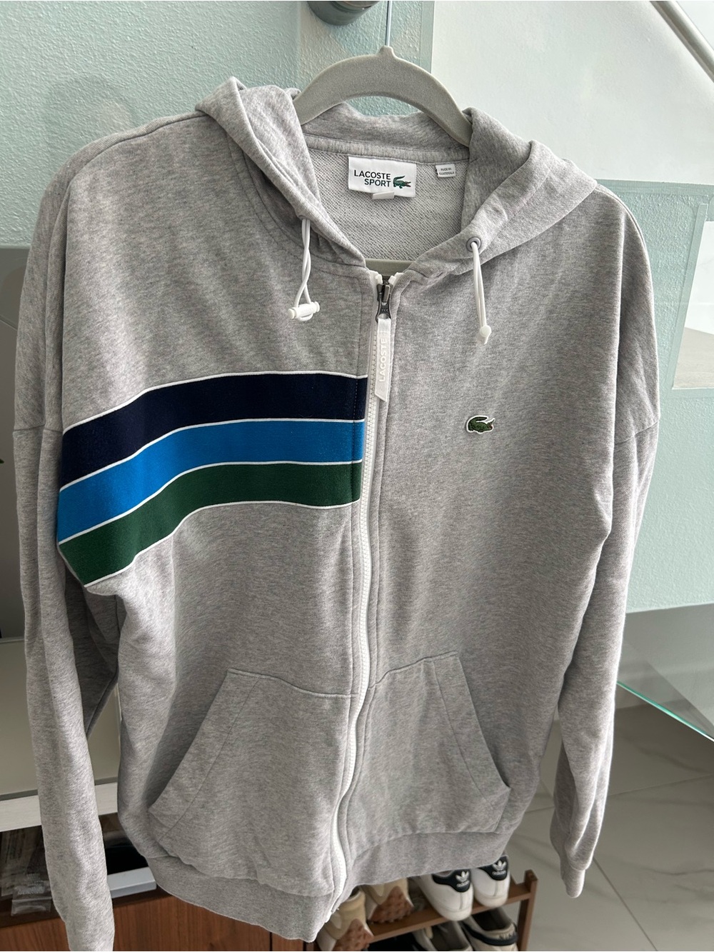 Lacoste Grey Zip-Up Hoodie with Navy, Blue & Green Stripes